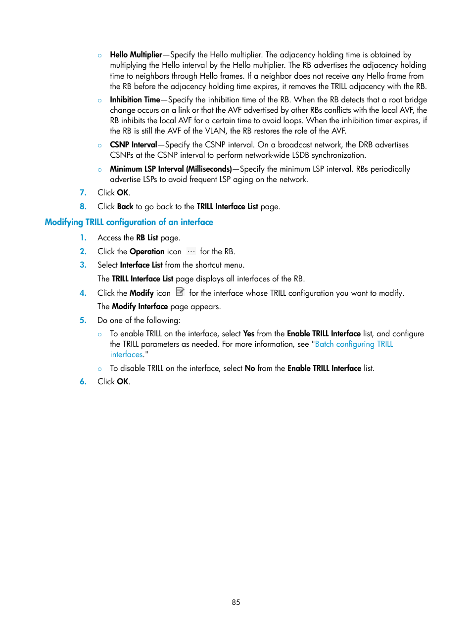 Modifying trill configuration of an interface | H3C Technologies H3C Intelligent Management Center User Manual | Page 94 / 160