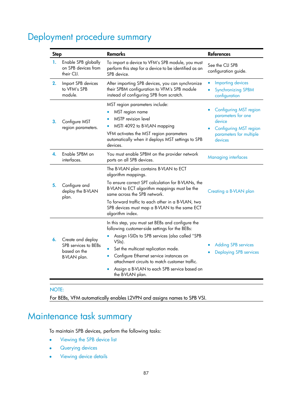 Deployment procedure summary, Maintenance task summary | H3C Technologies H3C Intelligent Management Center User Manual | Page 96 / 160