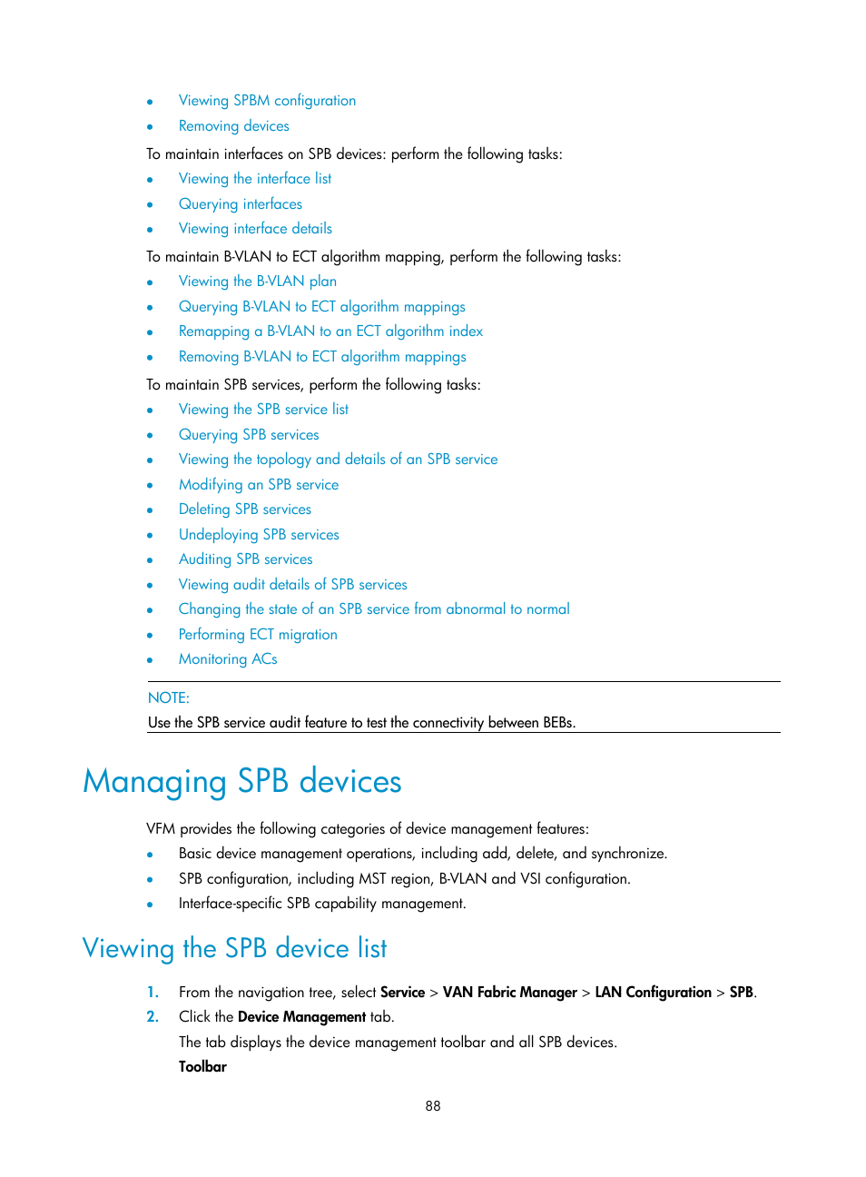 Managing spb devices, Viewing the spb device list | H3C Technologies H3C Intelligent Management Center User Manual | Page 97 / 160