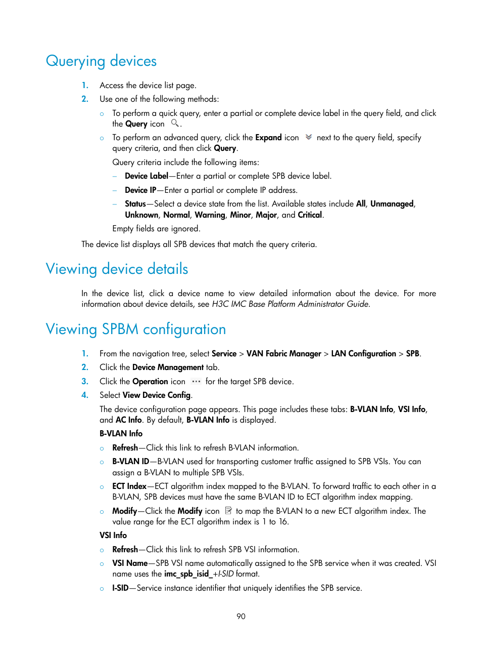 Querying devices, Viewing device details, Viewing spbm configuration | H3C Technologies H3C Intelligent Management Center User Manual | Page 99 / 160