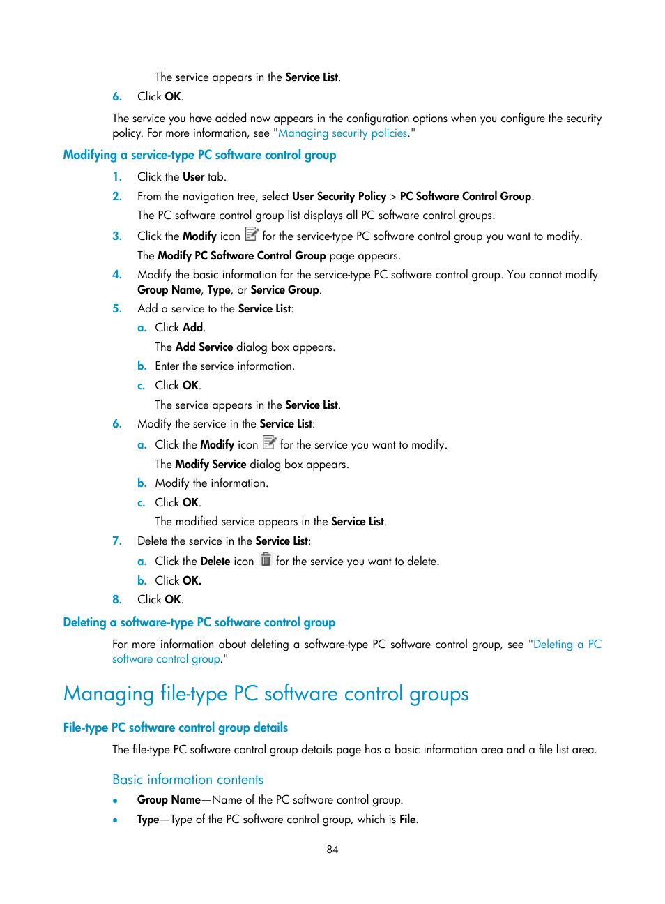 Modifying a service-type pc software control group, Deleting a software-type pc software control group, Managing file-type pc software control groups | File-type pc software control group details, Basic information contents | H3C Technologies H3C Intelligent Management Center User Manual | Page 100 / 327