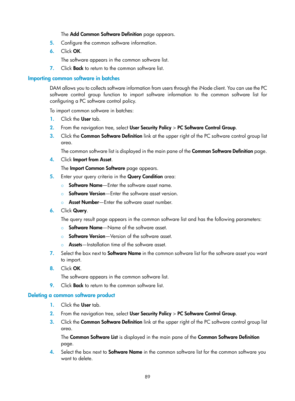 Importing common software in batches, Deleting a common software product | H3C Technologies H3C Intelligent Management Center User Manual | Page 105 / 327