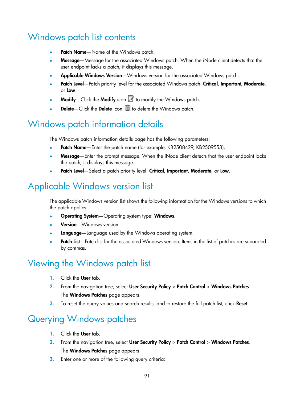Windows patch list contents, Windows patch information details, Applicable windows version list | Viewing the windows patch list, Querying windows patches | H3C Technologies H3C Intelligent Management Center User Manual | Page 107 / 327
