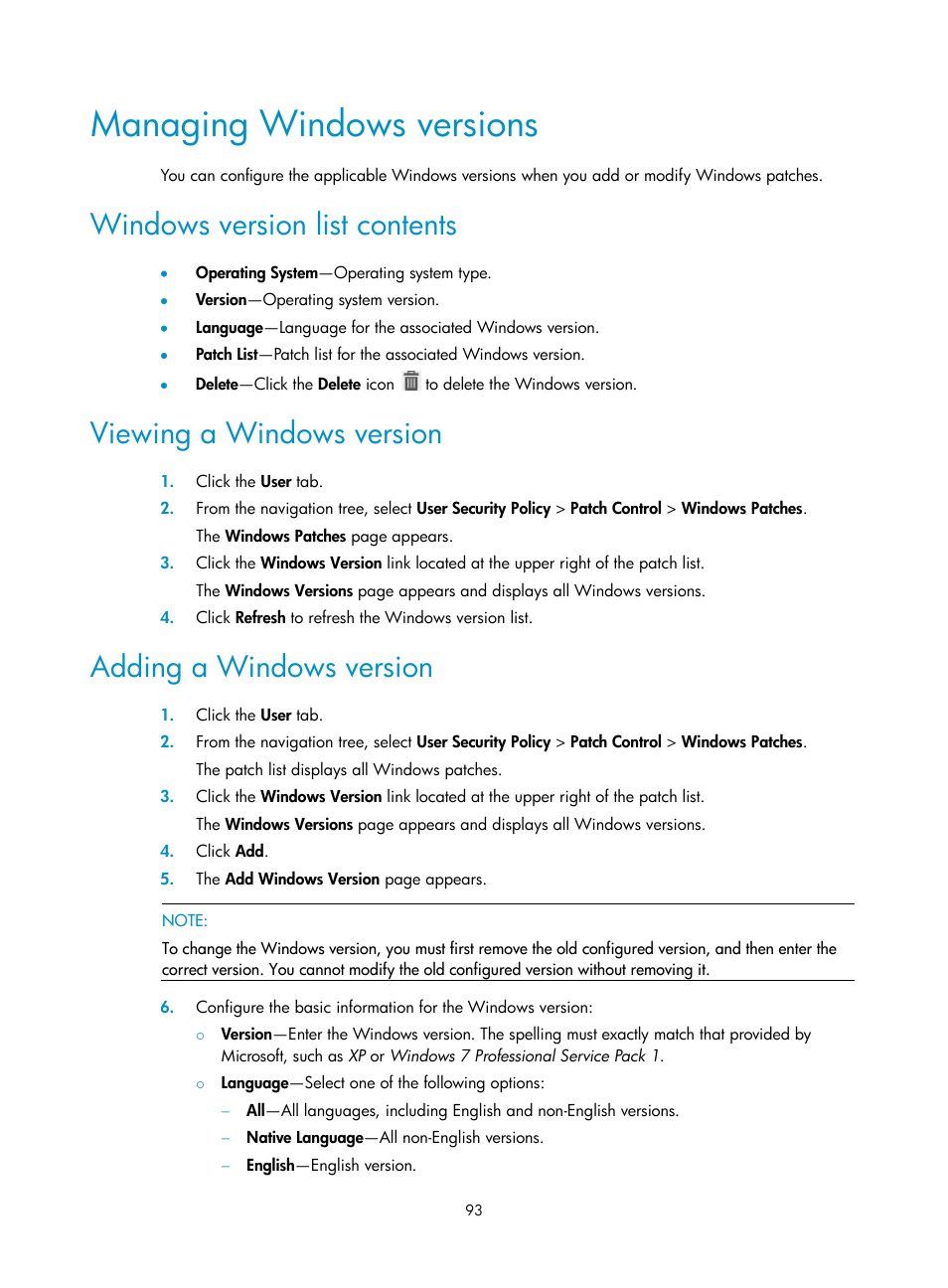 Managing windows versions, Windows version list contents, Viewing a windows version | Adding a windows version | H3C Technologies H3C Intelligent Management Center User Manual | Page 109 / 327