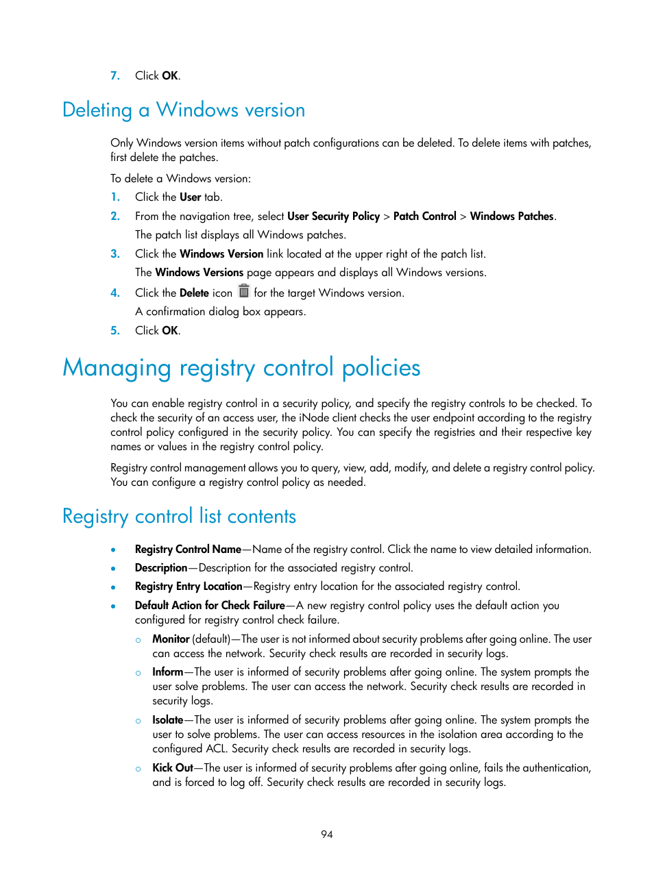 Deleting a windows version, Managing registry control policies, Registry control list contents | H3C Technologies H3C Intelligent Management Center User Manual | Page 110 / 327
