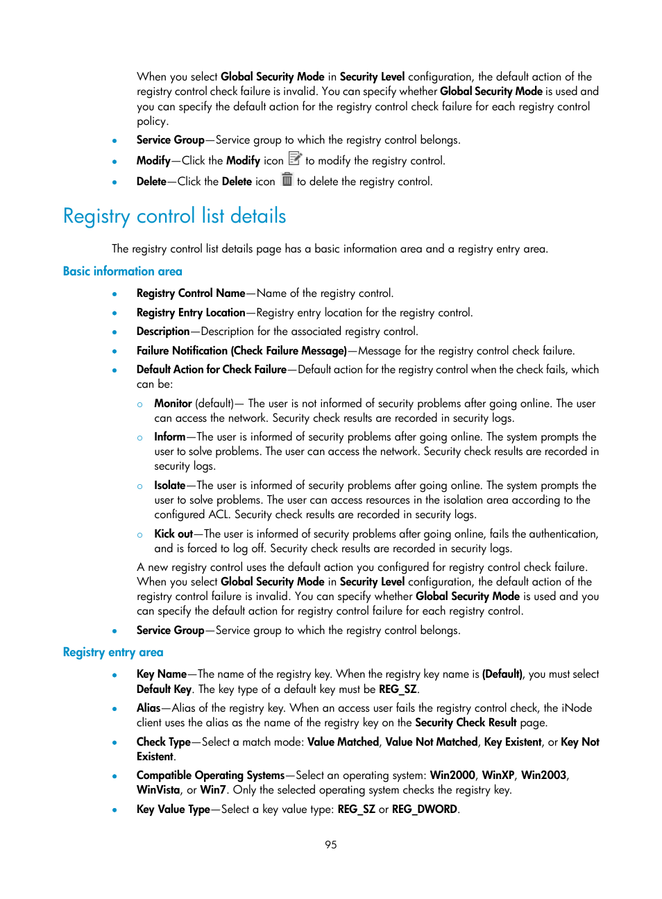 Registry control list details, Basic information area, Registry entry area | H3C Technologies H3C Intelligent Management Center User Manual | Page 111 / 327