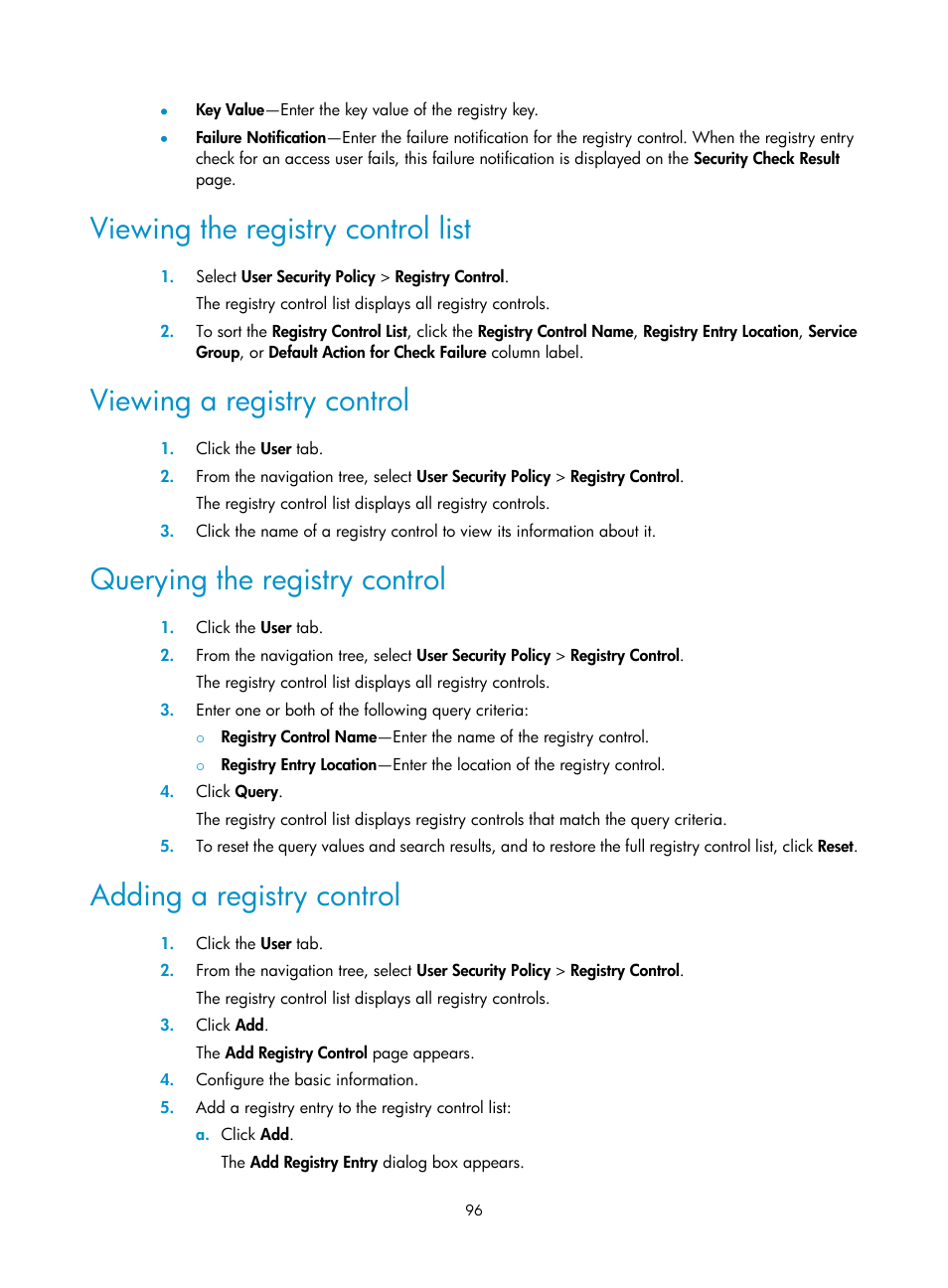 Viewing the registry control list, Viewing a registry control, Querying the registry control | Adding a registry control | H3C Technologies H3C Intelligent Management Center User Manual | Page 112 / 327