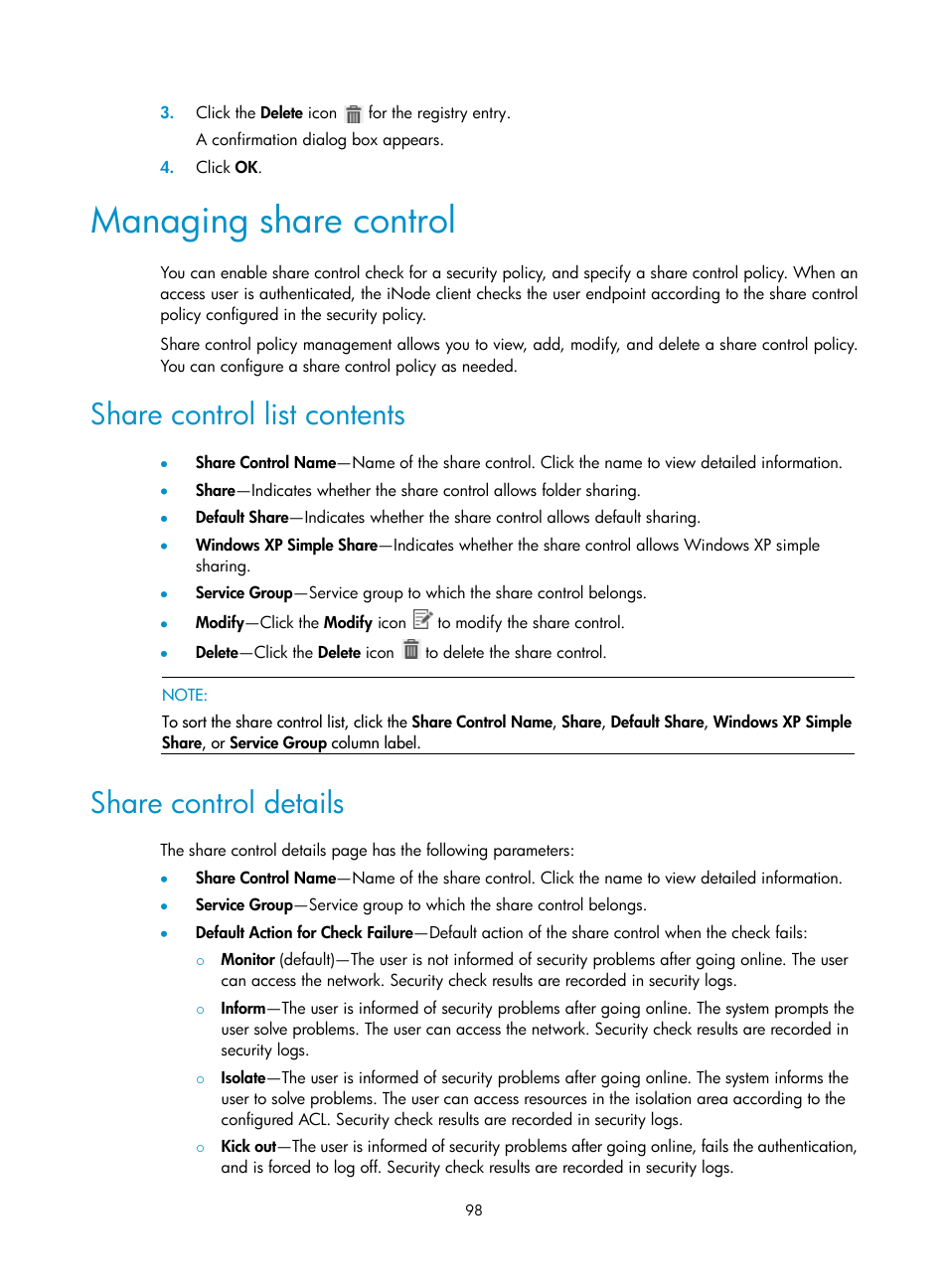 Managing share control, Share control list contents, Share control details | H3C Technologies H3C Intelligent Management Center User Manual | Page 114 / 327