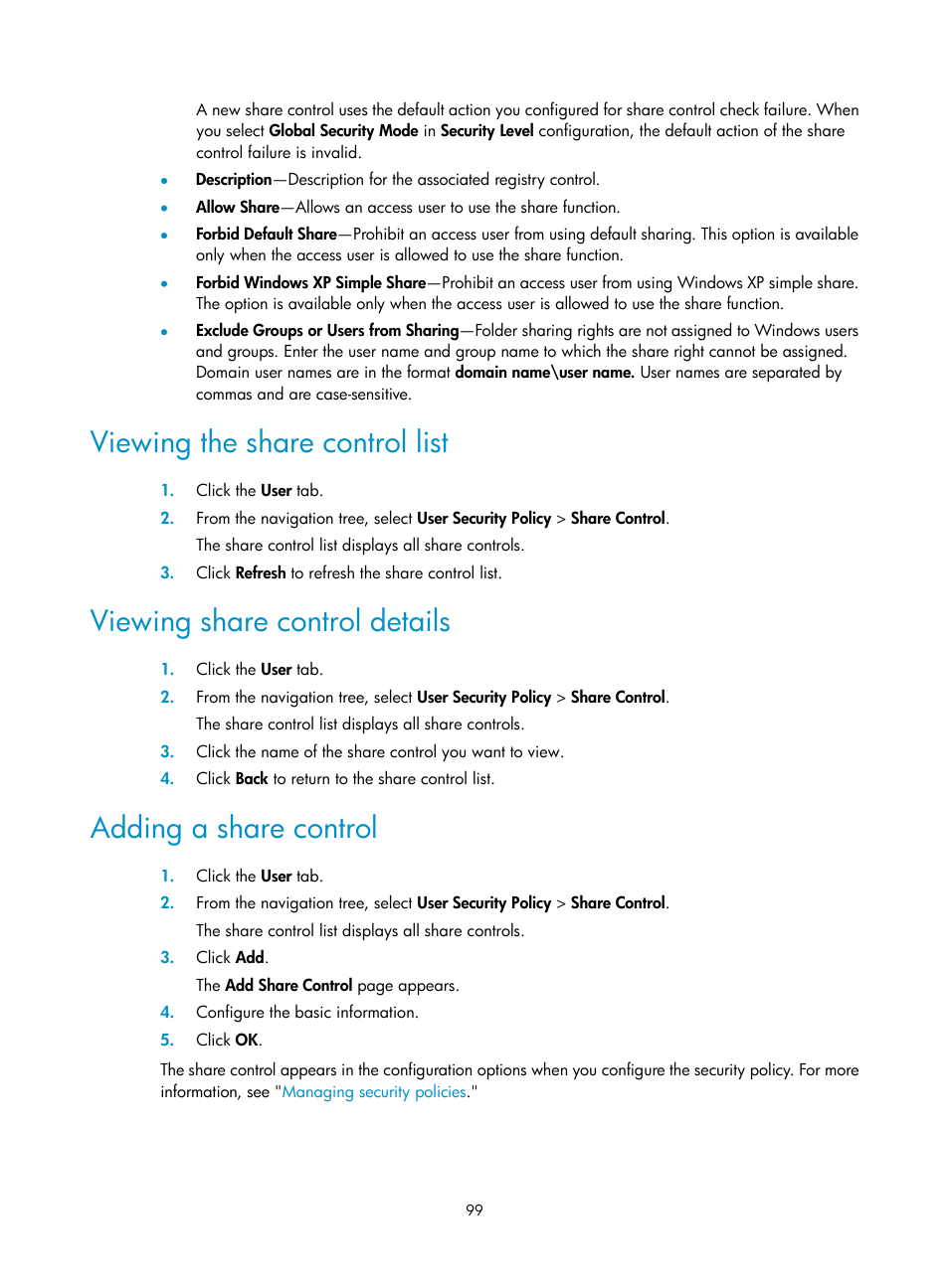 Viewing the share control list, Viewing share control details, Adding a share control | H3C Technologies H3C Intelligent Management Center User Manual | Page 115 / 327