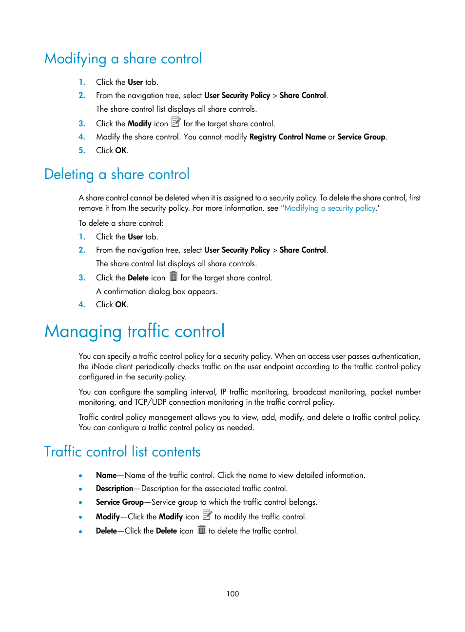 Modifying a share control, Deleting a share control, Managing traffic control | Traffic control list contents | H3C Technologies H3C Intelligent Management Center User Manual | Page 116 / 327