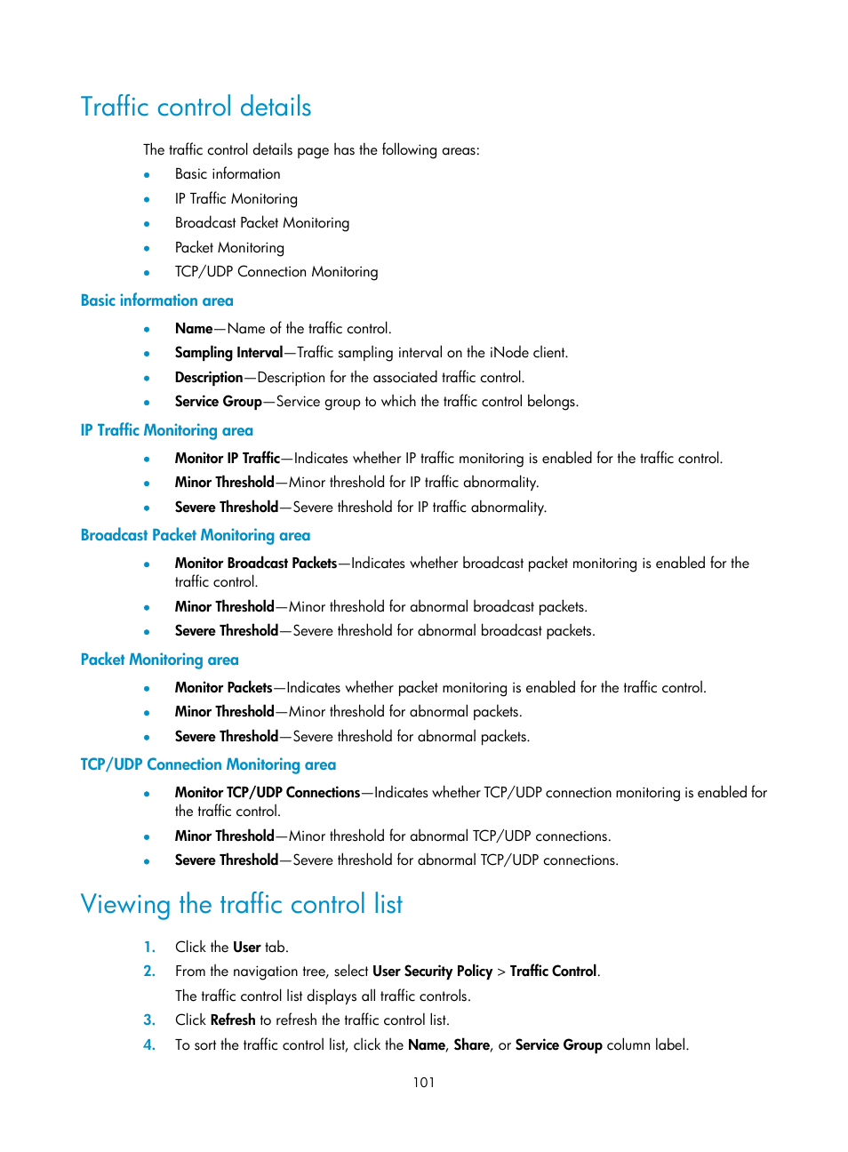 Traffic control details, Basic information area, Ip traffic monitoring area | Broadcast packet monitoring area, Packet monitoring area, Tcp/udp connection monitoring area, Viewing the traffic control list | H3C Technologies H3C Intelligent Management Center User Manual | Page 117 / 327