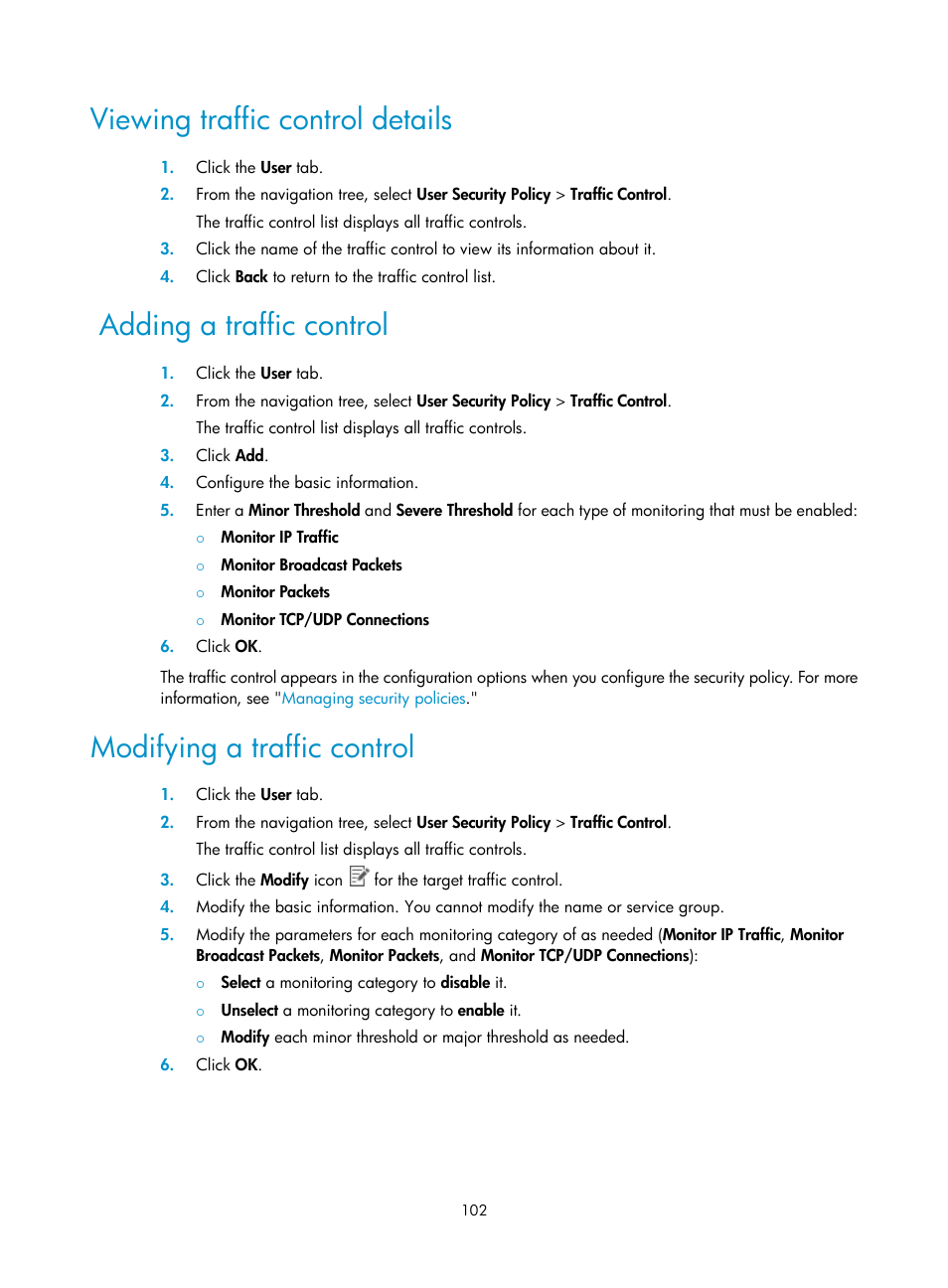 Viewing traffic control details, Adding a traffic control, Modifying a traffic control | H3C Technologies H3C Intelligent Management Center User Manual | Page 118 / 327