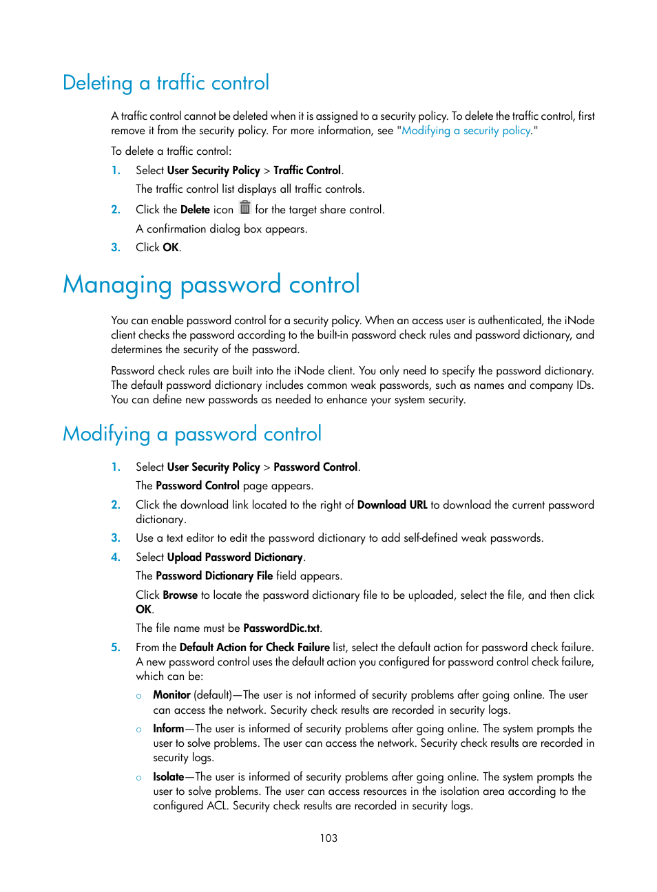 Deleting a traffic control, Managing password control, Modifying a password control | H3C Technologies H3C Intelligent Management Center User Manual | Page 119 / 327