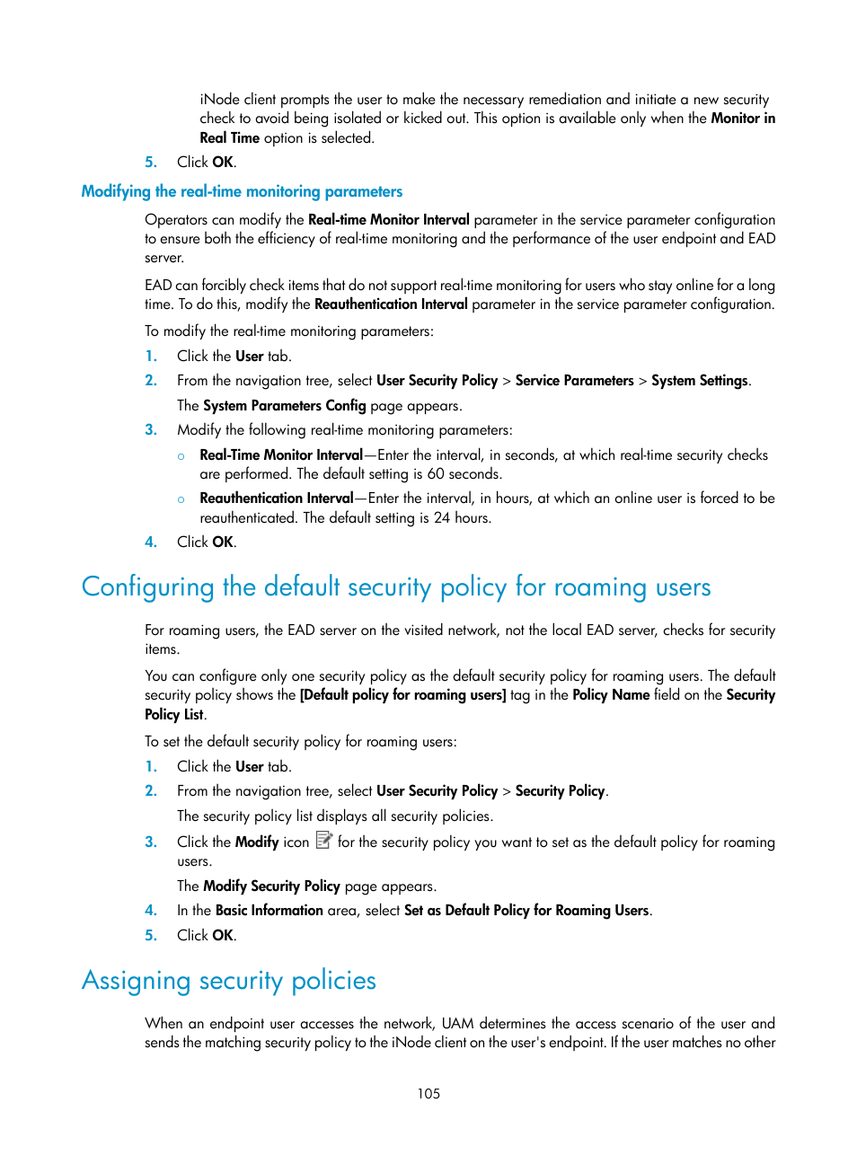 Modifying the real-time monitoring parameters, Assigning security policies, Configuring the default security | Policy for roaming users | H3C Technologies H3C Intelligent Management Center User Manual | Page 121 / 327
