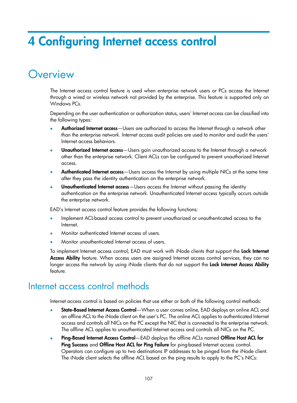 4 configuring internet access control, Overview, Internet access control methods | H3C Technologies H3C Intelligent Management Center User Manual | Page 123 / 327