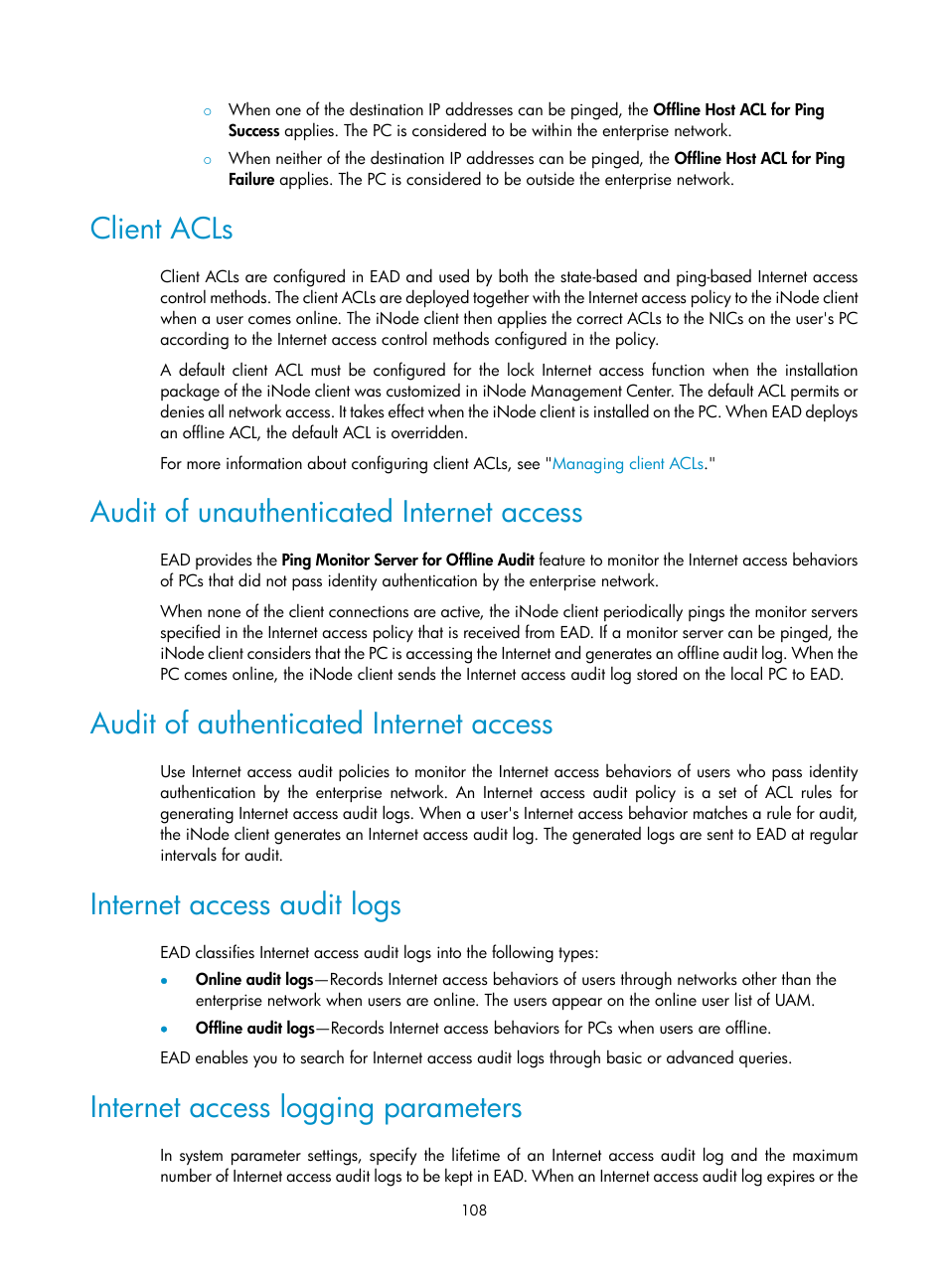 Client acls, Audit of unauthenticated internet access, Audit of authenticated internet access | Internet access audit logs, Internet access logging parameters | H3C Technologies H3C Intelligent Management Center User Manual | Page 124 / 327
