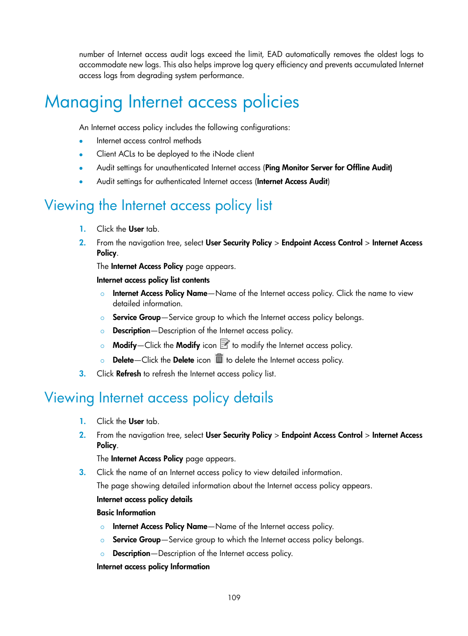 Managing internet access policies, Viewing the internet access policy list, Viewing internet access policy details | H3C Technologies H3C Intelligent Management Center User Manual | Page 125 / 327