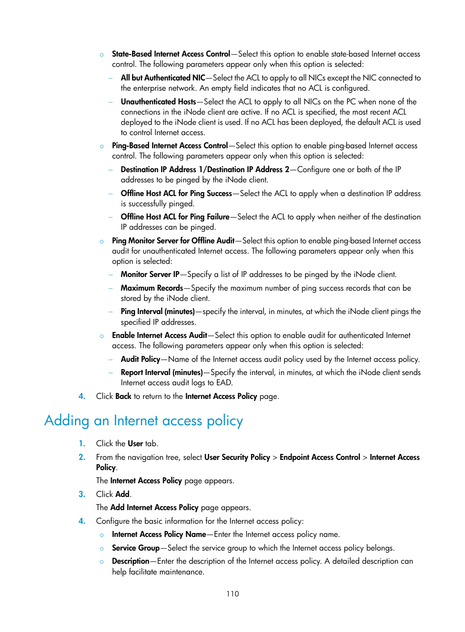 Adding an internet access policy | H3C Technologies H3C Intelligent Management Center User Manual | Page 126 / 327