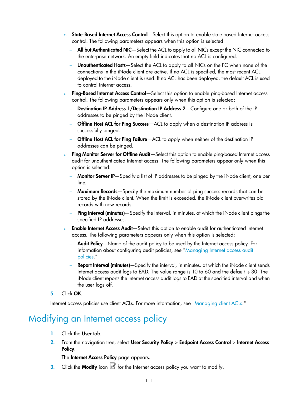 Modifying an internet access policy | H3C Technologies H3C Intelligent Management Center User Manual | Page 127 / 327