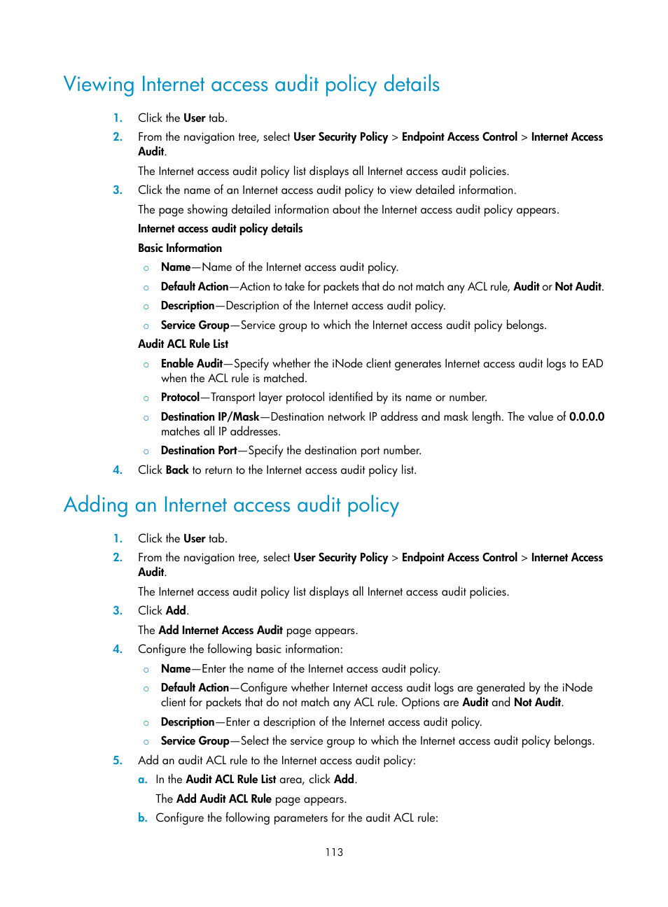 Viewing internet access audit policy details, Adding an internet access audit policy | H3C Technologies H3C Intelligent Management Center User Manual | Page 129 / 327