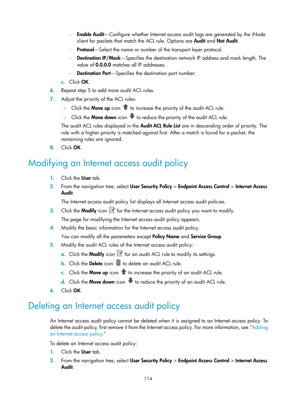 Modifying an internet access audit policy, Deleting an internet access audit policy | H3C Technologies H3C Intelligent Management Center User Manual | Page 130 / 327