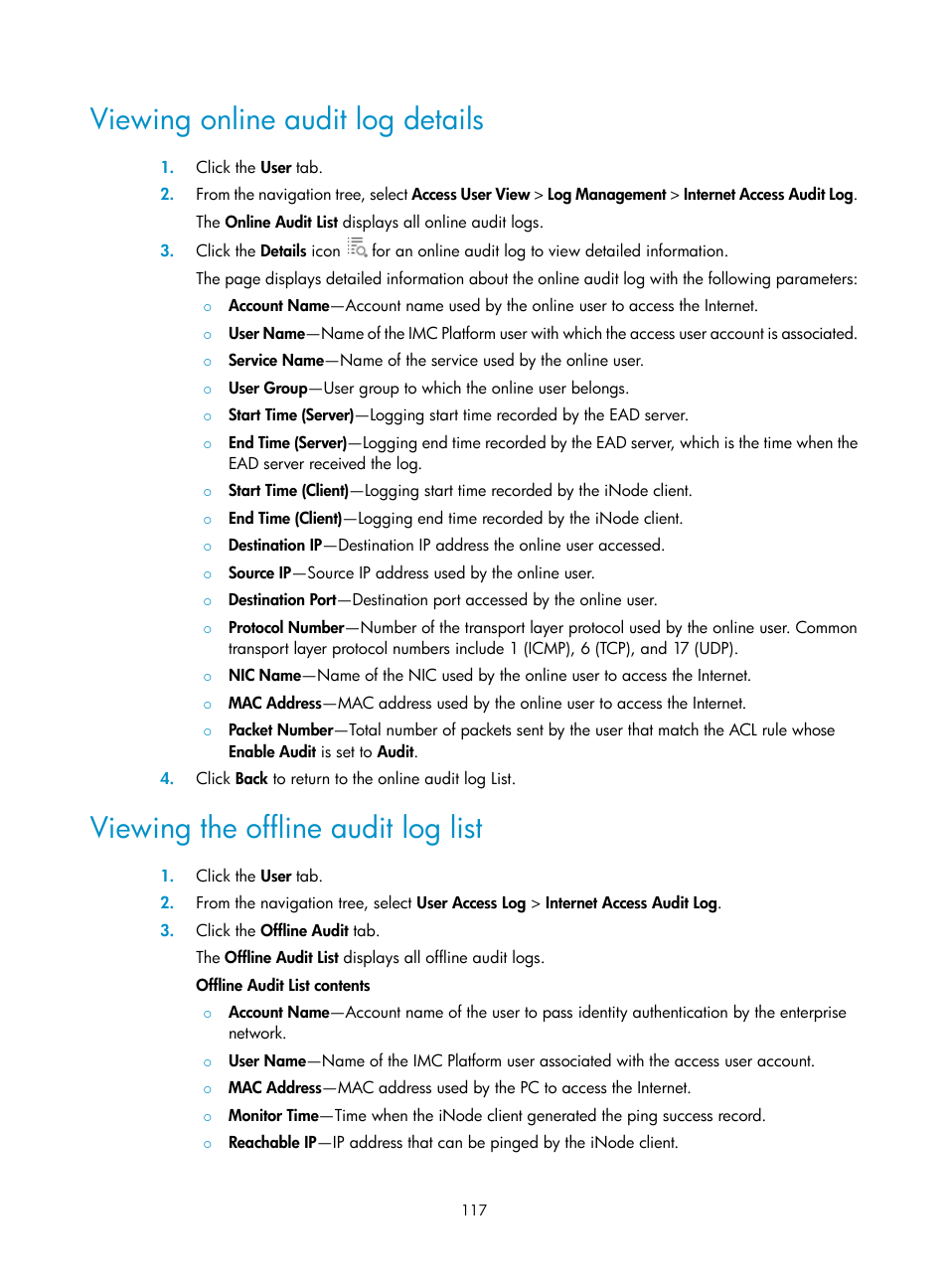 Viewing online audit log details, Viewing the offline audit log list | H3C Technologies H3C Intelligent Management Center User Manual | Page 133 / 327