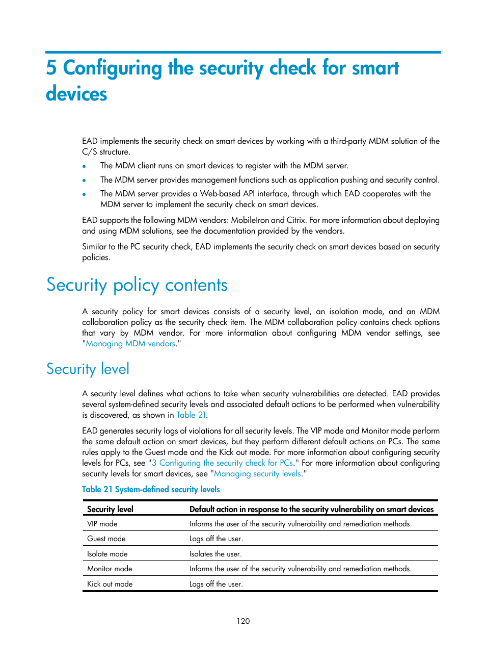 5 configuring the security check for smart devices, Security policy contents, Security level | H3C Technologies H3C Intelligent Management Center User Manual | Page 136 / 327