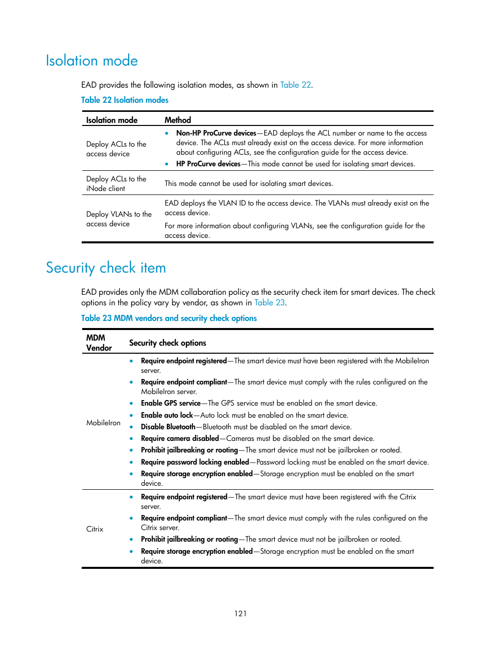 Isolation mode, Security check item | H3C Technologies H3C Intelligent Management Center User Manual | Page 137 / 327