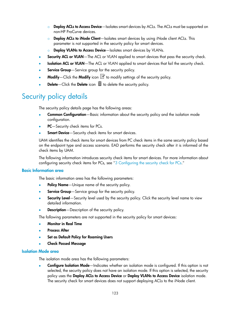 Security policy details, Basic information area, Isolation mode area | H3C Technologies H3C Intelligent Management Center User Manual | Page 139 / 327