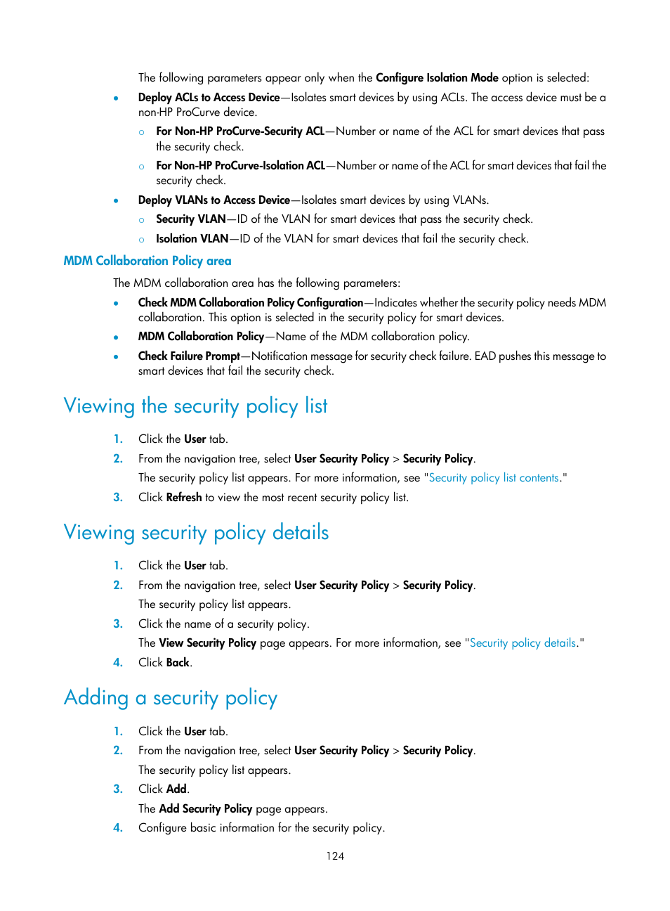 Mdm collaboration policy area, Viewing the security policy list, Viewing security policy details | Adding a security policy | H3C Technologies H3C Intelligent Management Center User Manual | Page 140 / 327