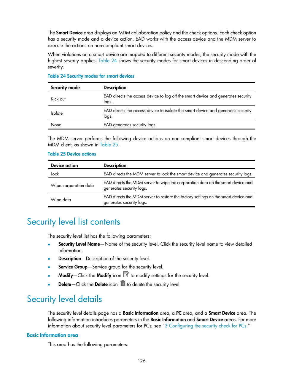 Security level list contents, Security level details, Basic information area | H3C Technologies H3C Intelligent Management Center User Manual | Page 142 / 327