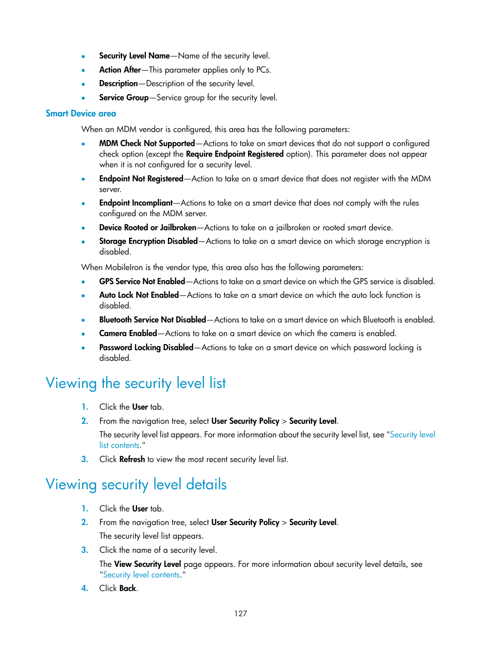 Smart device area, Viewing the security level list, Viewing security level details | H3C Technologies H3C Intelligent Management Center User Manual | Page 143 / 327
