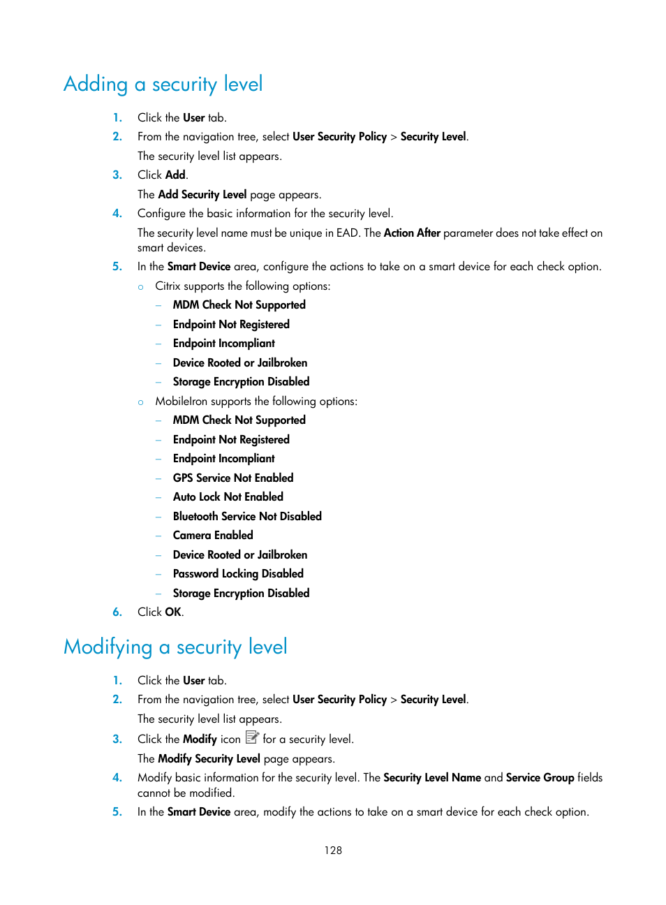 Adding a security level, Modifying a security level | H3C Technologies H3C Intelligent Management Center User Manual | Page 144 / 327