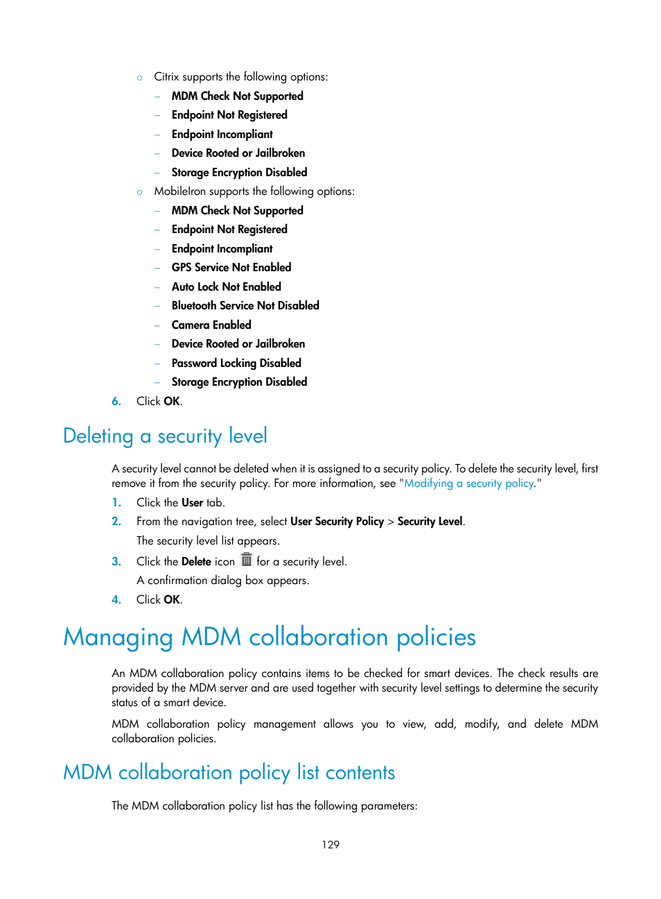 Deleting a security level, Managing mdm collaboration policies, Mdm collaboration policy list contents | H3C Technologies H3C Intelligent Management Center User Manual | Page 145 / 327