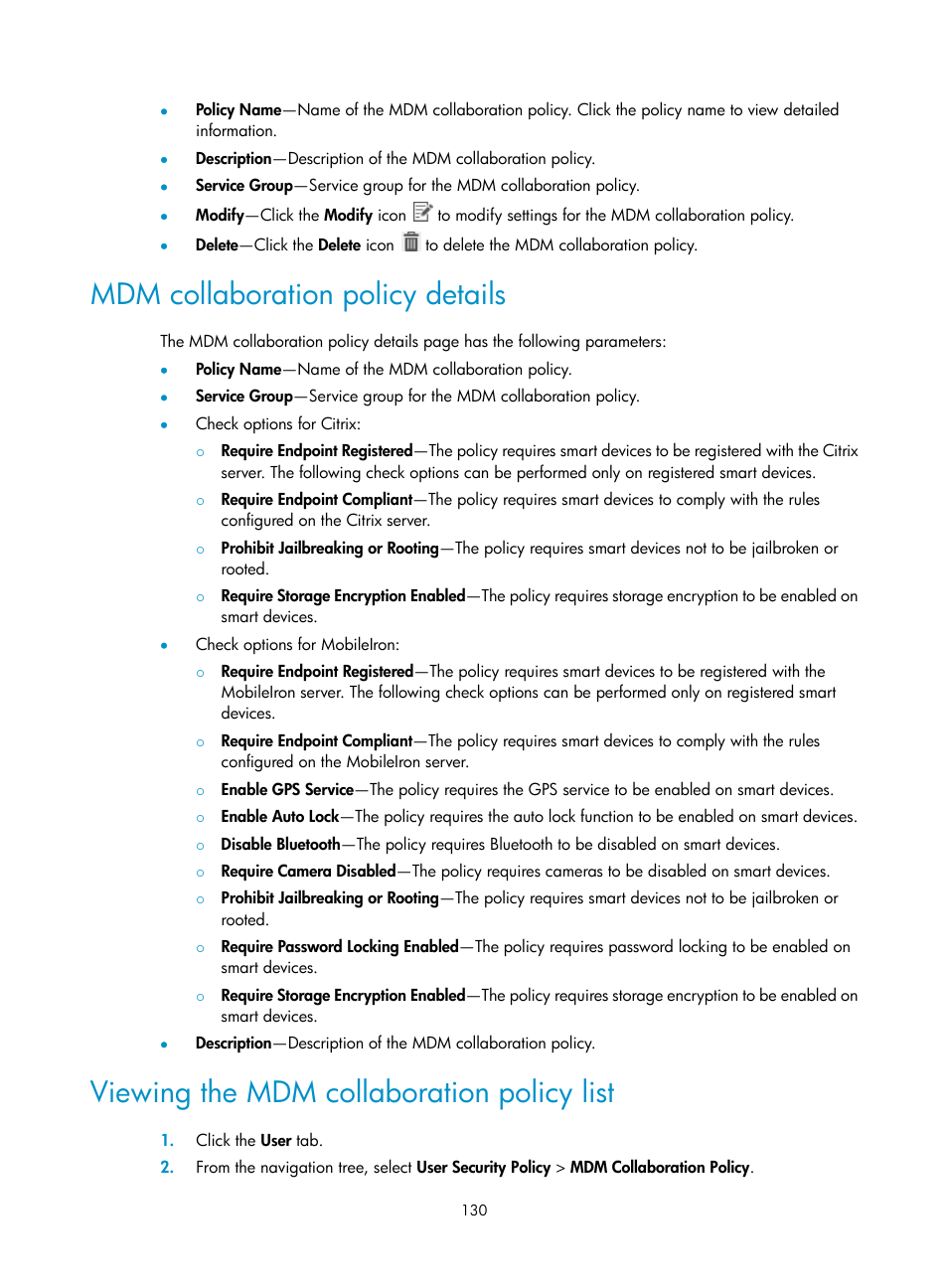 Mdm collaboration policy details, Viewing the mdm collaboration policy list | H3C Technologies H3C Intelligent Management Center User Manual | Page 146 / 327