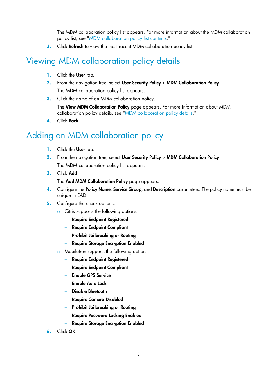 Viewing mdm collaboration policy details, Adding an mdm collaboration policy | H3C Technologies H3C Intelligent Management Center User Manual | Page 147 / 327