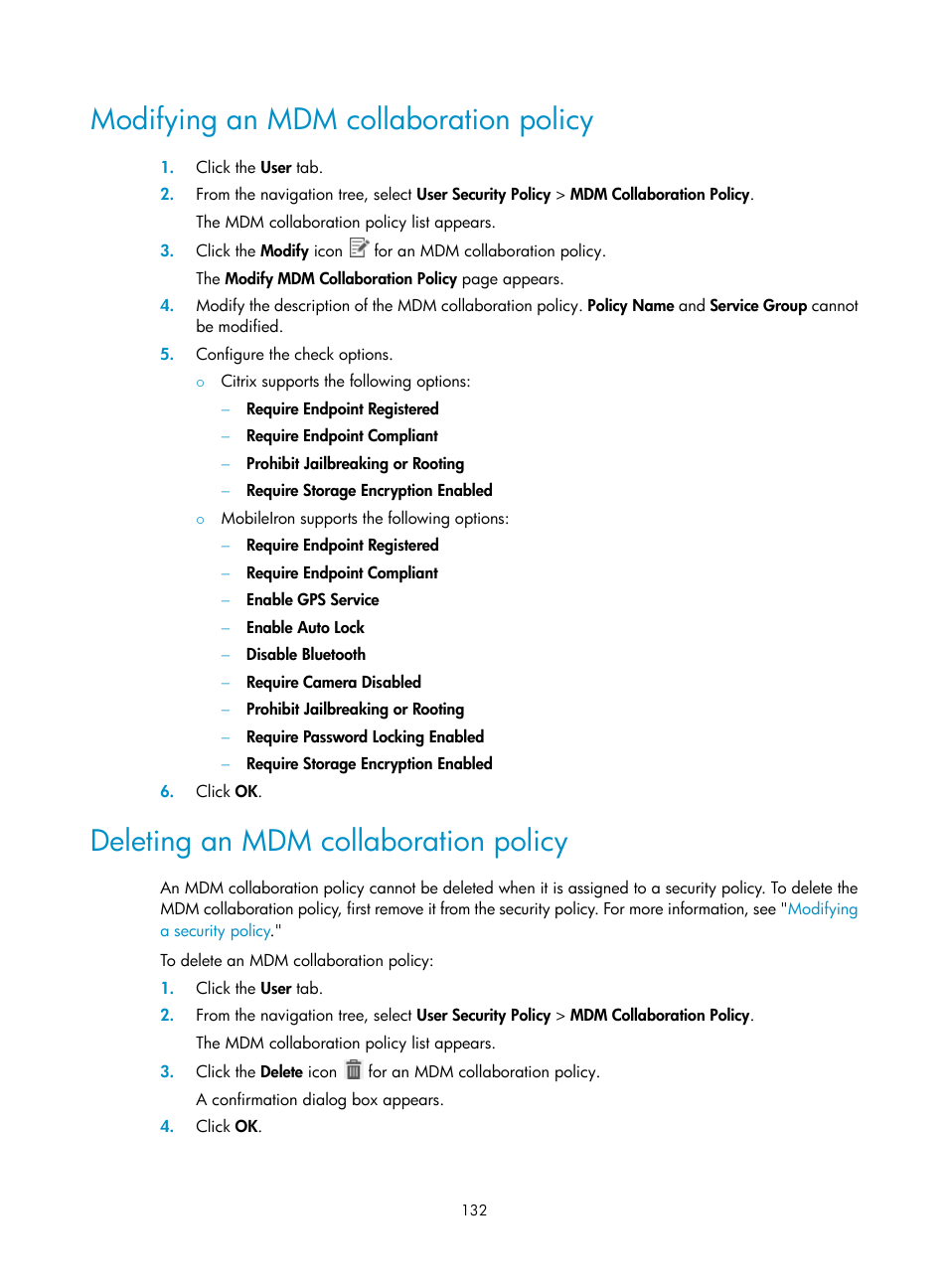 Modifying an mdm collaboration policy, Deleting an mdm collaboration policy | H3C Technologies H3C Intelligent Management Center User Manual | Page 148 / 327