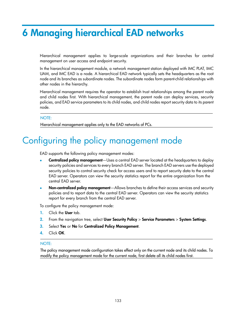 6 managing hierarchical ead networks, Configuring the policy management mode | H3C Technologies H3C Intelligent Management Center User Manual | Page 149 / 327