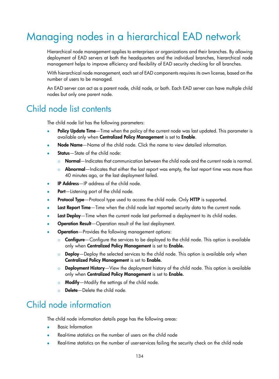 Managing nodes in a hierarchical ead network, Child node list contents, Child node information | H3C Technologies H3C Intelligent Management Center User Manual | Page 150 / 327