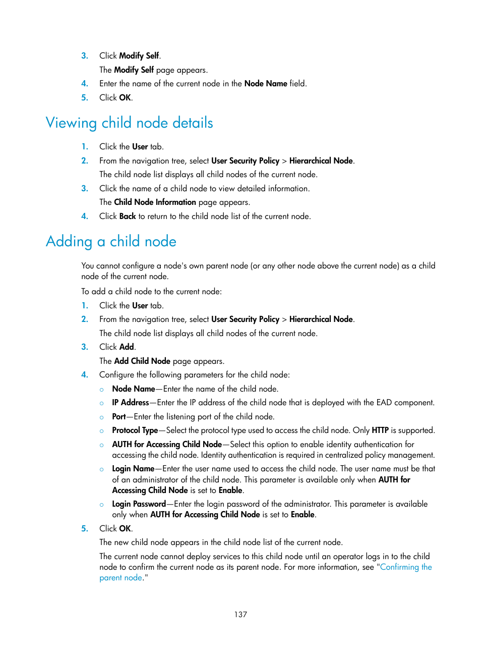 Viewing child node details, Adding a child node | H3C Technologies H3C Intelligent Management Center User Manual | Page 153 / 327