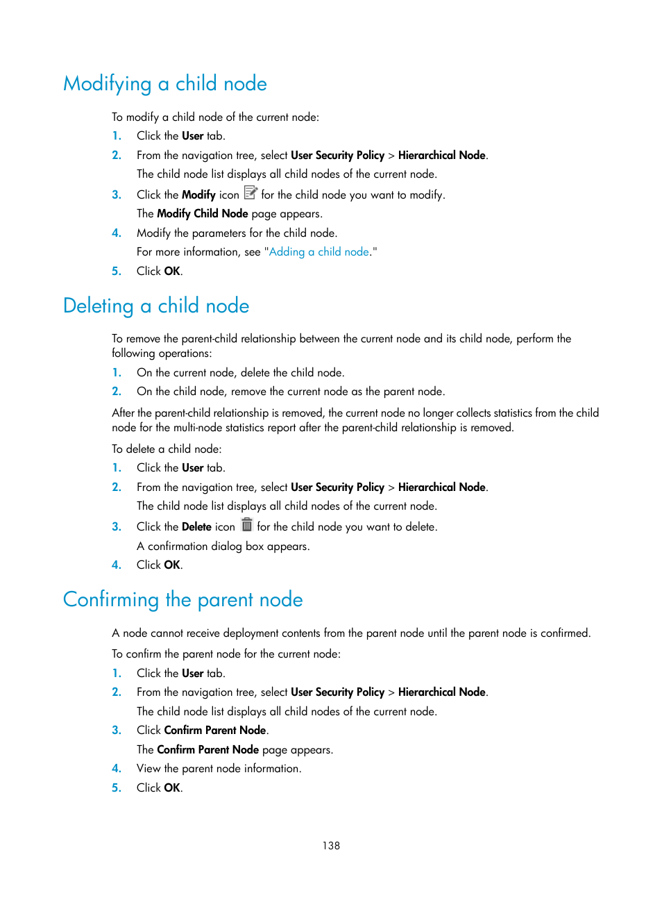 Modifying a child node, Deleting a child node, Confirming the parent node | Ation, see, Confirming the, Parent node | H3C Technologies H3C Intelligent Management Center User Manual | Page 154 / 327