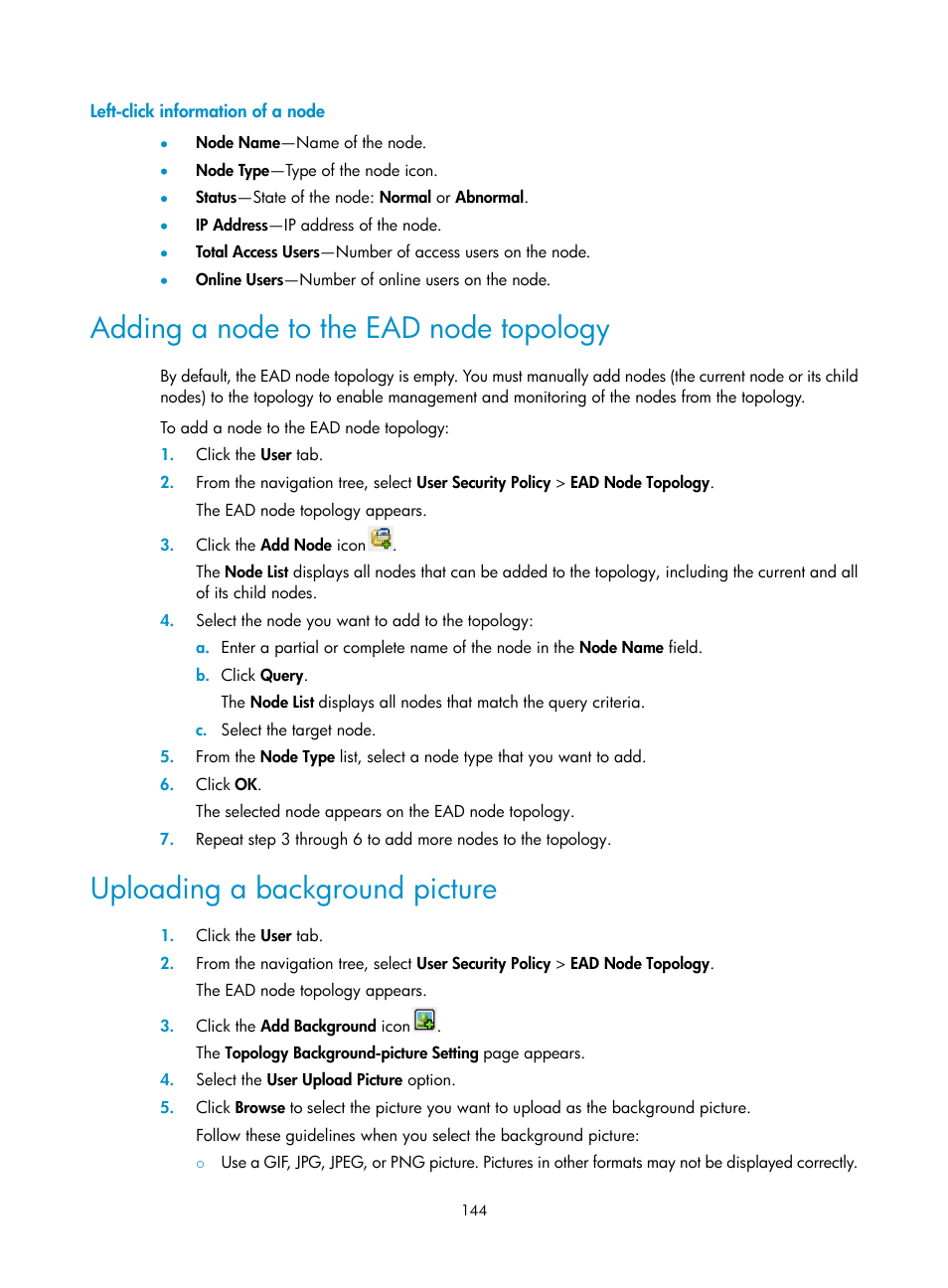 Left-click information of a node, Adding a node to the ead node topology, Uploading a background picture | H3C Technologies H3C Intelligent Management Center User Manual | Page 160 / 327