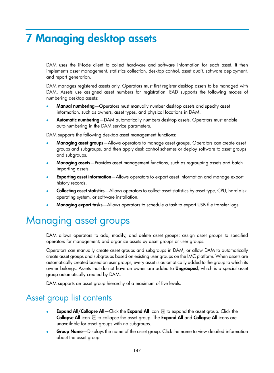 7 managing desktop assets, Managing asset groups, Asset group list contents | H3C Technologies H3C Intelligent Management Center User Manual | Page 163 / 327