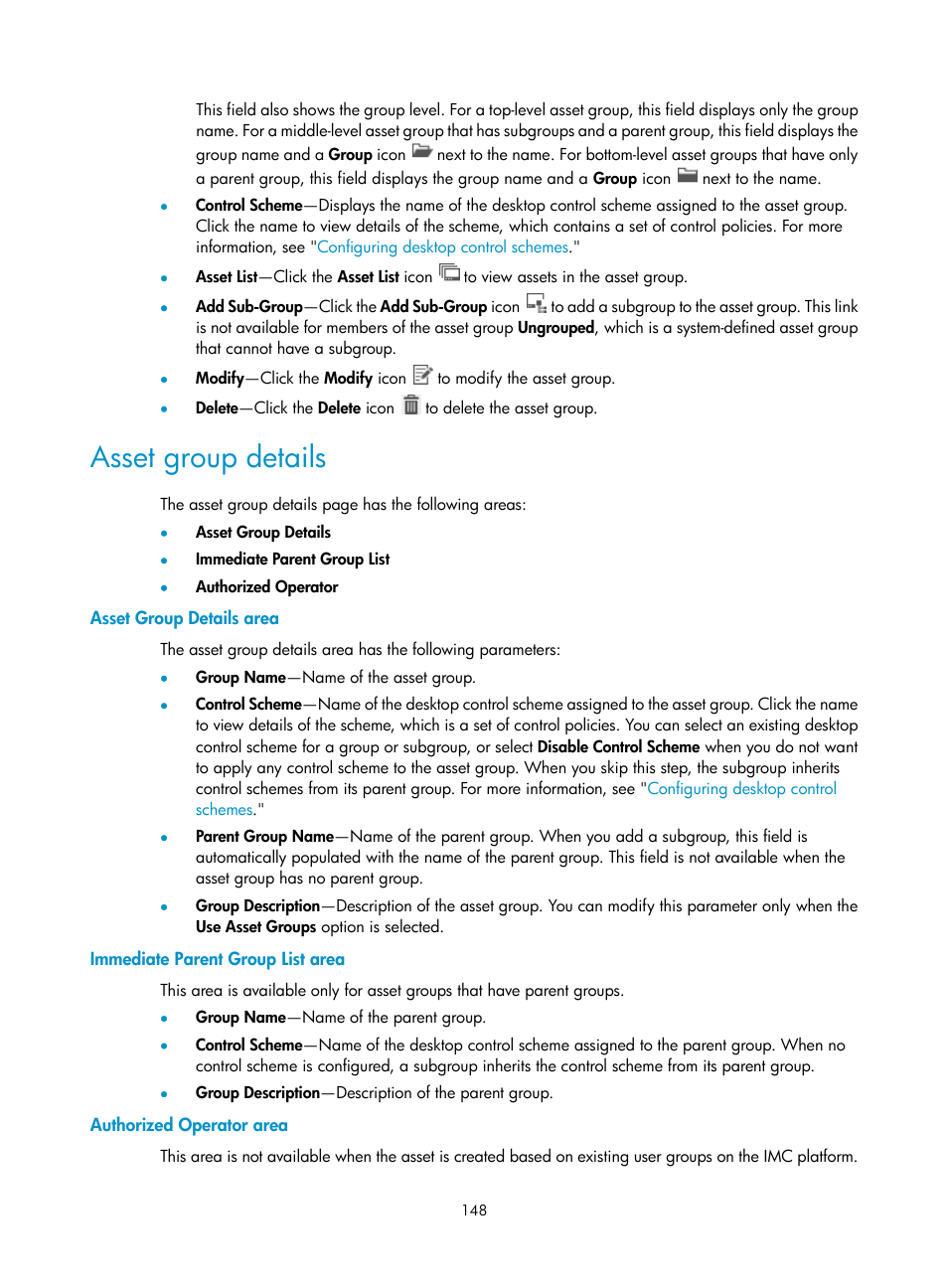 Asset group details, Asset group details area, Immediate parent group list area | Authorized operator area | H3C Technologies H3C Intelligent Management Center User Manual | Page 164 / 327
