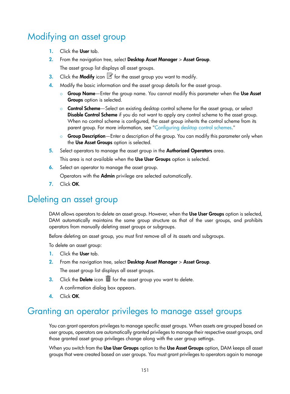Modifying an asset group, Deleting an asset group | H3C Technologies H3C Intelligent Management Center User Manual | Page 167 / 327