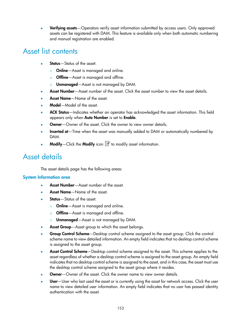 Asset list contents, Asset details, System information area | H3C Technologies H3C Intelligent Management Center User Manual | Page 169 / 327