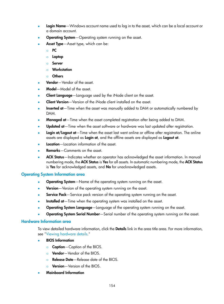 Operating system information area, Hardware information area | H3C Technologies H3C Intelligent Management Center User Manual | Page 170 / 327
