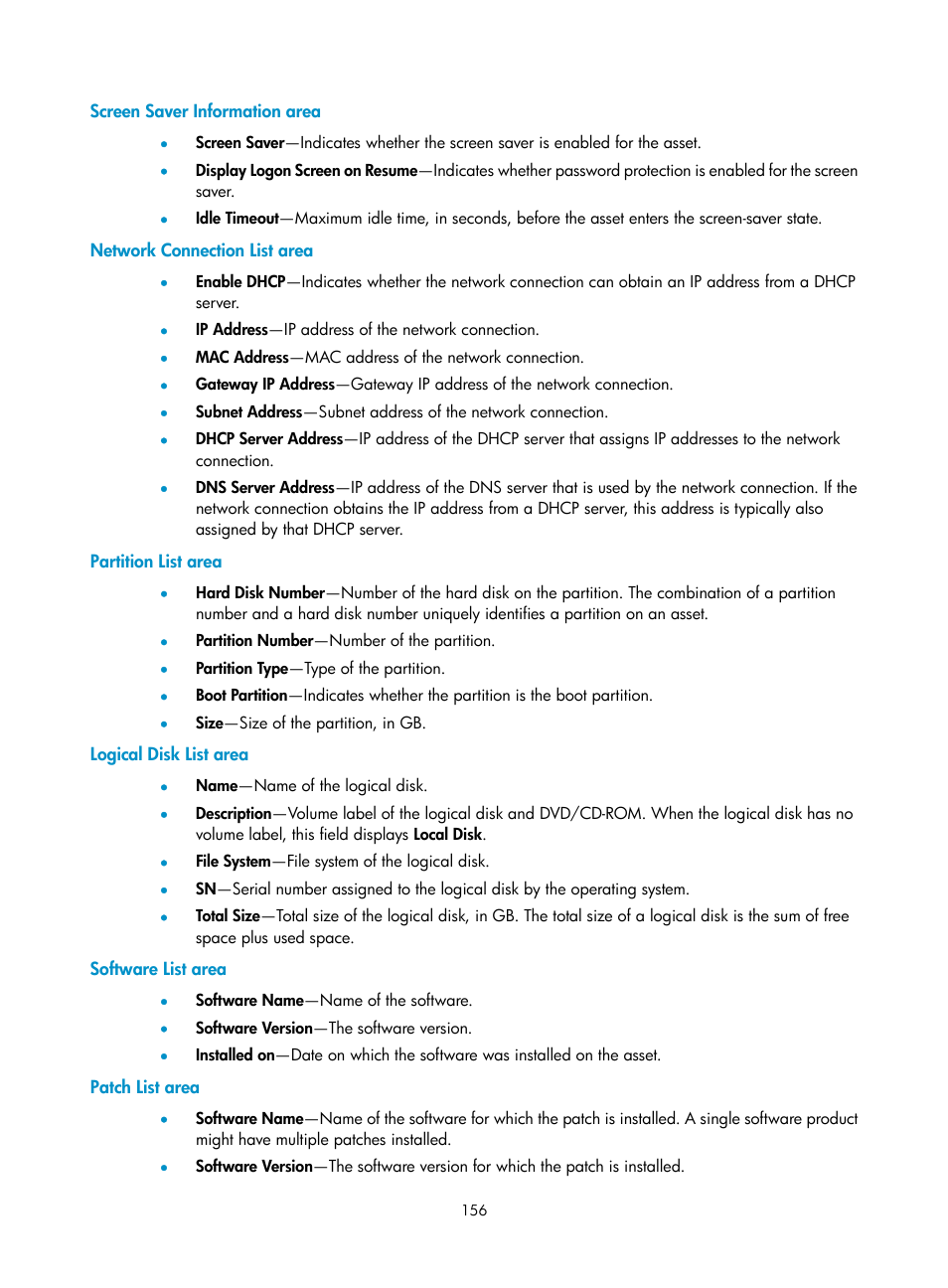 Screen saver information area, Network connection list area, Partition list area | Logical disk list area, Software list area, Patch list area | H3C Technologies H3C Intelligent Management Center User Manual | Page 172 / 327