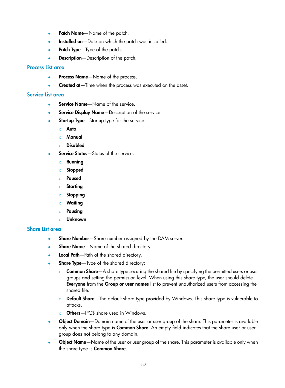 Process list area, Service list area, Share list area | H3C Technologies H3C Intelligent Management Center User Manual | Page 173 / 327