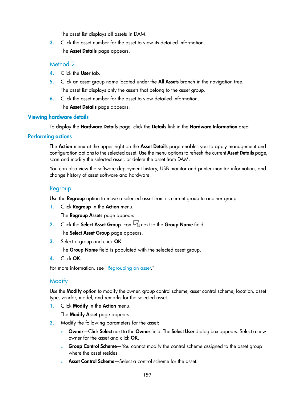 Method 2, Viewing hardware details, Performing actions | Regroup, Modify | H3C Technologies H3C Intelligent Management Center User Manual | Page 175 / 327